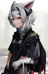 Rule 34 | 1girl, absurdres, animal ears, arknights, backpack, bag, bandaged arm, bandages, black hairband, black shirt, breasts, dirty, dirty face, earpiece, grey background, grey hair, hairband, highres, looking at viewer, mosu918, mouse ears, mouse girl, official alternate costume, orange eyes, scavenger (arknights), scavenger (survive) (arknights), shirt, short hair, short sleeves, simple background, small breasts, solo, tomboy, waist cutout