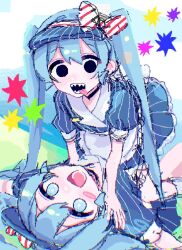 Rule 34 | + +, 2girls, apron, aqua eyes, aqua hair, bent over, black choker, black eyes, blue dress, blue visor, bow, bright pupils, choker, commentary request, diagonal-striped bow, dress, dual persona, frilled dress, frills, girl on top, hair between eyes, hatsune miku, highres, long hair, looking at viewer, looking up, lower teeth only, lying, mesmerizer (vocaloid), multicolored bow, multicolored clothes, multicolored dress, multiple girls, no pupils, on back, open mouth, outstretched arms, pixel art, puffy short sleeves, puffy sleeves, red bow, sharp teeth, shizumu (shi zumu), short sleeves, sidelocks, smile, striped bow, striped clothes, striped dress, teeth, tongue, tongue out, twintails, two-tone bow, two-tone dress, vertical-striped clothes, vertical-striped dress, visor cap, vocaloid, waist apron, white apron, white bow, white dress, white pupils