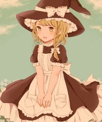 Rule 34 | 1girl, :d, absurdres, apron, blonde hair, blush, bow, braid, dress, eyebrows hidden by hair, fang, hat, highres, ichigo (ichigoxxusagi), kirisame marisa, looking at viewer, open mouth, puffy short sleeves, puffy sleeves, short sleeves, single braid, sitting, skin fang, sky, smile, solo, swept bangs, touhou, v arms, waist apron, white apron, white bow, witch hat, yellow eyes