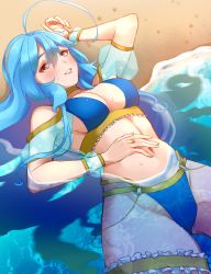 Rule 34 | 1girl, absurdres, ahoge, aoameayumi, aoameayumi (artist), bare shoulders, beach, bikini, blue bikini, blue hair, bracelet, breasts, cleavage, frills, garter belt, hand on own stomach, highres, jewelry, lipstick, looking at viewer, lying, makeup, midriff, on back, outdoors, partially submerged, red eyes, sand, shore, smile, solo, sweatdrop, swimsuit, thighs, tomopulse, virtual youtuber, water