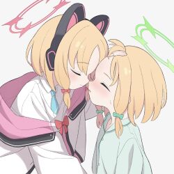Rule 34 | 2girls, animal ear headphones, animal ears, aqua necktie, atat250, blonde hair, blue archive, blush, bow, buttons, child, closed eyes, closed mouth, collared shirt, face-to-face, fake animal ears, green bow, green halo, hair bow, halo, headphones, highres, jacket, long sleeves, midori (blue archive), momoi (blue archive), multiple girls, necktie, open mouth, red bow, red halo, shirt, short hair, siblings, simple background, sisters, twins, white background, white jacket, white shirt, yuri