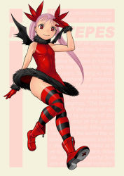 Rule 34 | 1girl, boots, dance in the vampire bund, dress, flat chest, gloves, latex, mina tepes, pink hair, red eyes, red thighhighs, shiny clothes, skin tight, solo, striped clothes, striped thighhighs, tamaki nozomu, thighhighs, twintails, wings