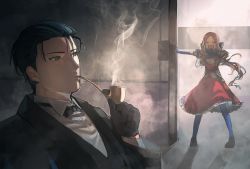 Rule 34 | 1boy, 1girl, black bow, black coat, black gloves, black hair, black neckwear, blue bow, blue gloves, blue pantyhose, bow, bowtie, brown hair, closed eyes, coat, collared shirt, commentary request, dress, elbow gloves, fate/grand order, fate (series), formal, frilled dress, frills, gauntlets, gloves, green eyes, hair bow, hair slicked back, highres, ichi bee, leonardo da vinci (fate), leonardo da vinci (fate/grand order), leonardo da vinci (rider) (fate), long hair, long sleeves, open mouth, pantyhose, pipe in mouth, ponytail, puff and slash sleeves, puffy short sleeves, puffy sleeves, red dress, sherlock holmes (fate), shirt, short hair, short sleeves, single gauntlet, smoke, smoking, smoking pipe, white shirt, wing collar