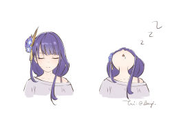 Rule 34 | 1girl, alternate costume, beiyi, closed eyes, commentary request, drooling, english text, genshin impact, hair between eyes, hair ornament, highres, long hair, low ponytail, meditation, mole, mole under eye, purple hair, raiden shogun, shirt, sidelocks, simple background, sleeping, solo, t-shirt, triangle mouth, white background, zzz