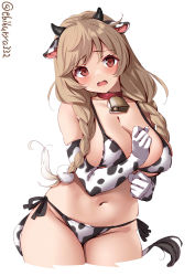 Rule 34 | 1girl, absurdres, animal ears, animal print, bell, bikini, blush, braid, breasts, chinese zodiac, cleavage, collar, collarbone, cow, cow ears, cow girl, cow horns, cow print, cow tail, cowbell, cowboy shot, cropped legs, ebifurya, elbow gloves, fake horns, gloves, groin, highres, horns, kantai collection, large breasts, light brown hair, long hair, minegumo (kancolle), navel, neck bell, open mouth, print bikini, red eyes, side-tie bikini bottom, simple background, solo, swimsuit, tail, twin braids, twitter username, white background, white bikini, white gloves, year of the ox