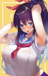 Rule 34 | 1girl, :o, absurdres, adjusting hair, aqua hair, armpits, arms behind head, arms up, blouse, blue eyes, blue sailor collar, blush, breasts, crop top, crop top overhang, gradient hair, hair between eyes, hair intakes, heart, heart-shaped pupils, highres, large breasts, looking at viewer, multicolored hair, neckerchief, open mouth, original, purple hair, purple skirt, red neckerchief, sailor collar, school uniform, see-through, serafuku, shirt, short sleeves, sidelocks, simple background, skirt, solo, steam, surprised, sweat, symbol-shaped pupils, teeth, tongue, udon (udonalium), upper body, upper teeth only, white shirt, yellow background