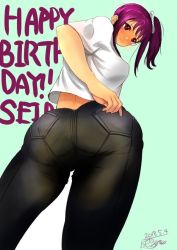 Rule 34 | 1girl, ass, birthday, blush, breasts, denim, embarrassed, from behind, from below, hair ribbon, happy birthday, jeans, kazuno sarah, leaning, leaning forward, long hair, looking at viewer, love live!, love live! sunshine!!, pants, pantylines, purple hair, red eyes, ribbon, shirt, sideboob, solo, yamada ason