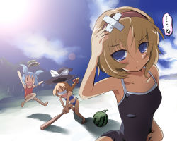 Rule 34 | 3girls, \o/, alice margatroid, arms up, bandages, bandaid, baseball bat, beach, bikini, blindfold, blonde hair, blue hair, braid, day, female focus, food, fruit, hairband, hat, kawashiro nitori, kirisame marisa, morogami ryou, multiple girls, nature, one-piece swimsuit, outdoors, outstretched arms, plant, short hair, sky, suikawari, sunlight, swimsuit, tears, touhou, twintails, watermelon, witch, witch hat, | |