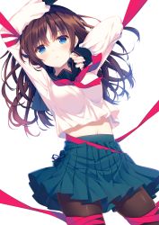 Rule 34 | 1girl, arms up, black pantyhose, blue eyes, blush, bound, brown hair, commentary request, long hair, long sleeves, looking at viewer, navel, neckerchief, original, pantyhose, pleated skirt, ribbon, school uniform, serafuku, skirt, solo, yamucha