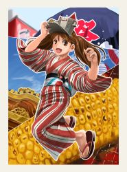 Rule 34 | 10s, 1girl, :d, abazu-red, brown eyes, brown hair, commentary request, corn, corn cob, corns, festival, highres, japanese clothes, kantai collection, kimono, long hair, looking at viewer, open mouth, ryuujou (kancolle), shrine, smile, solo, striped clothes, striped kimono, twintails, vertical-striped clothes, vertical-striped kimono, visor cap, yukata