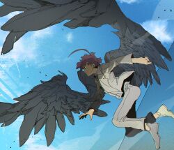 Rule 34 | 1boy, ahoge, bad hands, blue eyes, blue sky, closed mouth, collared shirt, feathered wings, floating clothes, floating hair, flying, foreshortening, formal, from below, from side, grey footwear, grey pants, grey suit, grey wings, highres, huge ahoge, isaacchief300, lapels, large wings, long sleeves, looking up, male focus, necktie, open hand, original, outdoors, pant suit, pants, purple hair, shirt, sky, solo, suit, wings