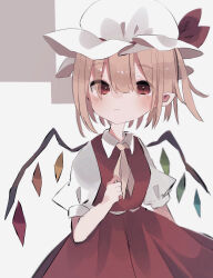 Rule 34 | 1girl, blonde hair, closed mouth, crystal, crystal wings, flandre scarlet, hat, hat ribbon, highres, looking at viewer, mob cap, nacht musik, pointy ears, puffy short sleeves, puffy sleeves, red eyes, red ribbon, ribbon, short sleeves, simple background, solo, touhou, upper body, white background, wings