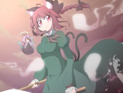 Rule 34 | 2girls, animal ears, anime coloring, bow, braid, breasts, bwell, cart, cat ears, cat tail, cloud, dress, fairy wings, flying, green dress, hair bow, halo, hitodama, kaenbyou rin, light smile, looking at viewer, multiple girls, multiple tails, red eyes, red hair, ribbon, short hair, tail, touhou, twilight, twin braids, wind, wind lift, wings, zombie fairy (touhou), | |