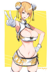 Rule 34 | 1girl, :d, absurdres, armpits, bare shoulders, black panties, blonde hair, chinese clothes, double bun, dragon print, earrings, gloves, hair bun, hand on own hip, highres, isao, jewelry, looking at viewer, navel, open mouth, original, panties, shrug (clothing), skirt, sleeveless, smile, solo, strapless, thighhighs, tube top, underwear, v, white gloves, white thighhighs, yellow eyes