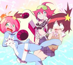 Rule 34 | 3girls, absurdres, aetherion, aqua eyes, breasts, brown hair, fictional persona, green eyes, highres, luluco, multiple girls, red hair, spacesuit, thick thighs, thighs, trigger-chan, uchuu patrol luluco, wide hips