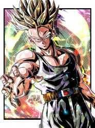 Rule 34 | 1boy, arm up, belt, biceps, blonde hair, blue eyes, blue jumpsuit, border, closed mouth, commentary request, dragon ball, dragonball z, energy, highres, jumpsuit, looking at viewer, male focus, multicolored background, muscular, muscular male, outside border, outstretched arm, pectorals, polka dot, polka dot background, serious, simple background, sleeveless, sleeveless jumpsuit, solo, spiked hair, super saiyan, super saiyan 1, trunks (dragon ball), trunks (future) (dragon ball), ushi (akabec0), v-shaped eyebrows, white border, yellow belt