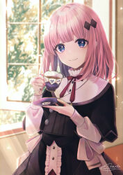 Rule 34 | 1girl, aino iris, blue eyes, blunt bangs, closed mouth, commentary request, cup, hachimitsu monte, holding, holding cup, holding plate, indie virtual youtuber, indoors, long hair, long sleeves, looking at viewer, pink hair, plate, red ribbon, ribbon, signature, smile, solo, tea, teacup, virtual youtuber, window