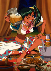 Rule 34 | 1990s (style), 1girl, anklet, barefoot, blush, bowl, bracelet, cup, dark-skinned female, dark skin, drink, earrings, food, fringe trim, green eyes, hand on leg, holding, holding cup, indian style, jean (lunar), jewelry, long hair, lowres, lunar, lunar 2: eternal blue, meat, midriff, navel, official art, one eye closed, open mouth, outstretched arm, plate, retro artstyle, side ponytail, sitting, solo, teeth, upper teeth only