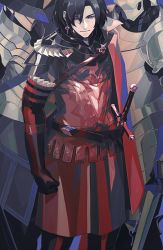 Rule 34 | 1boy, 2others, armor, black hair, cape, closed mouth, commentary request, constantine xi (fate), earrings, expressionless, fate/grand order, fate (series), feet out of frame, full armor, gloves, grey eyes, hair between eyes, jewelry, looking at viewer, medium hair, multiple others, official alternate costume, red armor, red cape, red gloves, sei 8220, sword, weapon