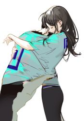 Rule 34 | 1girl, animal, animal hug, animal in clothes, aqua shirt, black hair, closed mouth, copyright request, cowboy shot, dog, closed eyes, highres, long hair, messy hair, nineo, outstretched arms, pants, print shirt, profile, shirt, short sleeves, simple background, smile, standing, t-shirt, tight clothes, tight pants, white background