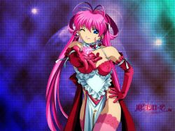 Rule 34 | 00s, 1girl, antenna hair, blue eyes, bra, detached collar, earrings, elbow gloves, gloves, hair rings, hand on own hip, jewelry, lace, lace-trimmed legwear, lace trim, lingerie, lingerie senshi papillon rose, long hair, one eye closed, papillon rose, pelvic curtain, pink hair, pink thighhighs, solo, thighhighs, underwear, very long hair, wallpaper, wink
