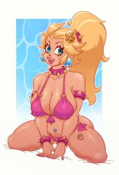 Rule 34 | 1girl, artist name, ass, blonde hair, blue eyes, bowser, bowser logo, breasts, cleavage, collarbone, confiserie, earrings, highres, large breasts, leg tattoo, legs, long hair, looking at viewer, mario (series), navel, navel piercing, nintendo, open mouth, piercing, pink lips, ponytail, princess, princess peach, sitting, smile, sphere earrings, super mario bros. 1, sweat, tattoo, thick thighs, thighs