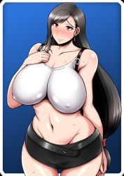Rule 34 | 1girl, artist request, belt, black hair, blue background, blush, breasts, covered erect nipples, curvy, earrings, embarrassed, final fantasy, final fantasy vii, full-face blush, huge breasts, jewelry, long hair, looking at viewer, mature female, miniskirt, navel, nipples, parted bangs, ponytail, red eyes, simple background, skirt, solo, suspender skirt, suspenders, sweat, tank top, thighs, tifa lockhart, wide hips