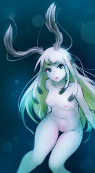 Rule 34 | 1girl, antennae, blue eyes, blush, breasts, chestnut mouth, eyes visible through hair, freckles, gradient background, highres, long hair, looking at viewer, monster girl, navel, nipples, no pussy, nude, open mouth, original, personification, ricegnat, sketch, slug girl, small breasts, solo, thick eyebrows, thigh gap, white hair
