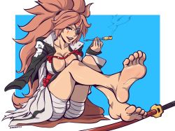 Rule 34 | 1girl, amputee, baiken, bandages, bare legs, barefoot, blue background, breasts, brown hair, cleavage, collarbone, commission, eyepatch, feet, female focus, foot up, guilty gear, highres, holding, holding smoking pipe, jacket, jacket on shoulders, knees up, large breasts, long hair, open mouth, sitting, smile, smoking pipe, soles, solo, sword, szero, teeth, thighs, toes, upper teeth only, weapon, yellow eyes