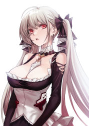 Rule 34 | 1girl, ahoge, applekun, azur lane, bare shoulders, between breasts, black dress, black ribbon, breasts, cleavage, collared dress, commentary request, cowboy shot, dress, earrings, expressionless, formidable (azur lane), frilled dress, frills, from side, hair ribbon, head tilt, highres, jewelry, large breasts, lips, lipstick, long hair, long sleeves, looking at viewer, makeup, parted lips, platinum blonde hair, red eyes, ribbon, sidelocks, silver hair, simple background, solo, standing, teeth, twintails, two-tone dress, very long hair, white background, white dress