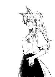 Rule 34 | 1girl, animal ears, arknights, closed mouth, collared shirt, commentary request, cowboy shot, fox ears, fox girl, franka (arknights), from side, greyscale, hand on own hip, haruichi (sazanami complex), hatching (texture), lanyard, linear hatching, long hair, looking ahead, monochrome, profile, puffy short sleeves, puffy sleeves, shirt, short sleeves, simple background, skirt, smile, solo, standing, unfinished