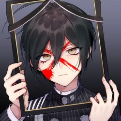Rule 34 | 1boy, ahoge, black hair, blood, blood on face, brown eyes, closed mouth, danganronpa (series), danganronpa v3: killing harmony, gradient background, grey background, hair between eyes, hands up, highres, holding, iei, jacket, long sleeves, looking at viewer, male focus, nanin, portrait, saihara shuichi, short hair, solo, striped clothes, striped jacket
