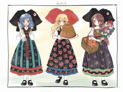 Rule 34 | 3girls, :d, :p, aikatsu!, aikatsu! (series), alcohol, alsatian clothes, basket, blonde hair, blue eyes, blue hair, blush, border, bottle, bouquet, brown eyes, brown hair, cake, commentary request, cross, cross necklace, dress, european clothes, floral print, flower, flower request, food, gugelhupf, hair down, headdress, highres, holding, holding bottle, hoshimiya ichigo, jewelry, kiriya aoi, koedo, loafers, long hair, looking at viewer, multiple girls, necklace, open mouth, oversized food, oversized object, plate, purple eyes, shibuki ran, shoes, sideways glance, smile, thighhighs, tomato, tongue, tongue out, traditional clothes, white border, white legwear