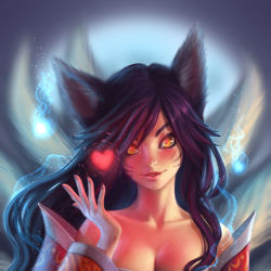 Rule 34 | 1girl, ahri (league of legends), animal ears, bare shoulders, black hair, blue background, breasts, cleavage, collarbone, detached sleeves, eyebrows, eyeliner, facial mark, fingernails, fox ears, fox tail, glowing, glowing eyes, gradient background, grey background, head tilt, heart, hitodama, korean clothes, league of legends, lips, lipstick, long hair, looking at viewer, makeup, multiple tails, nose, parted lips, portrait, red pupils, sanngris, smile, solo, tail, whisker markings, xpehacbka, yellow eyes