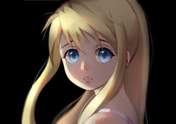 Rule 34 | 1girl, alva (klr), backlighting, bare shoulders, black background, blonde hair, blue eyes, close-up, ear piercing, earrings, eyelashes, floating hair, frown, fullmetal alchemist, furrowed brow, highres, jewelry, long hair, looking at viewer, parted lips, piercing, ponytail, portrait, sad, shaded face, shirt, simple background, sleeveless, sleeveless shirt, solo, spaghetti strap, teeth, upper body, white shirt, winry rockbell