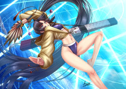 Rule 34 | 1girl, absurdly long hair, adsouto, armor, bikini, black hair, blue bikini, blue eyes, blush, breasts, fate/grand order, fate (series), feather hair ornament, feathers, hair bun, hair ornament, highres, jacket, jacket over swimsuit, japanese armor, ladder cutout, long hair, looking at viewer, medium breasts, navel, open mouth, parted bangs, shirt, side ponytail, single hair bun, solo, swimsuit, tropical summer (fate), underwear, ushiwakamaru (fate), ushiwakamaru (fate/grand order), ushiwakamaru (swimsuit assassin) (fate), ushiwakamaru (swimsuit assassin) (first ascension) (fate), very long hair, yellow jacket, yellow shirt