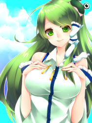 Rule 34 | 1girl, bare shoulders, breast suppress, breasts, detached sleeves, female focus, frog hair ornament, green eyes, green hair, hair ornament, hair tubes, hands on own chest, kochiya sanae, large breasts, long hair, matching hair/eyes, shirt, smile, snake, solo, taut clothes, taut shirt, touhou, yutazou
