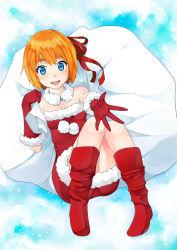 Rule 34 | 1girl, :d, bad id, bad pixiv id, blue eyes, boots, bow, brown hair, colorized, derivative work, elbow gloves, eyebrows, gloves, hair bow, hair ribbon, highres, looking at viewer, o daizen, open mouth, orange hair, original, reaching, ribbon, santa costume, short hair, smile, solo, thick eyebrows