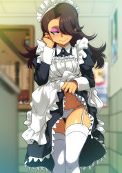 Rule 34 | 1girl, alternate costume, apron, black dress, black hair, blurry, blurry background, blush, brown hair, clothes lift, commentary, depth of field, dress, dress lift, enmaided, eyeshadow, facing viewer, feet out of frame, flashing, frills, garter straps, hair over one eye, jcm2, lifting own clothes, long hair, maid, maid apron, maid headdress, makeup, mascara, panties, presenting, sideways glance, skindentation, solo, tan, taylor (the loud house), the loud house, thighhighs, underwear, white apron, white garter straps, white panties, white thighhighs