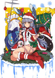 Rule 34 | &gt;:), 10s, 1girl, absurdres, apple, bare legs, blouse, blue ribbon, blunt bangs, blush, boots, bow, box, candy, candy cane, cape, capelet, christmas, christmas ornaments, christmas tree, closed mouth, covered navel, digital media player, dripping, fingerless gloves, food, fruit, full body, fur trim, gift, gift box, gloves, glowing, grass, green bow, grey hair, hair ornament, hair ribbon, hands up, hat, headgear, heart, highres, holding, holding food, holding fruit, holly, kantai collection, knee boots, leaf, legs together, long hair, looking at viewer, machinery, melting, murakumo (kancolle), necktie, polearm, red footwear, red gloves, red hat, red necktie, red ribbon, ribbon, rope, sack, santa costume, santa hat, shirt, short eyebrows, sidelocks, simple background, single glove, sitting, slm, smile, snow, snow globe, snowflakes, snowman, solo, spear, star (symbol), star hair ornament, striped necktie, striped neckwear, striped ribbon, thighs, tress ribbon, v-shaped eyebrows, very long hair, weapon, white background, white shirt, wire, wristband, yellow eyes