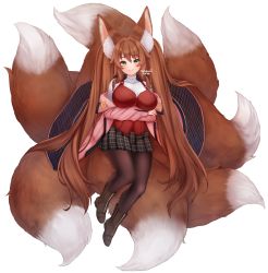 Rule 34 | 1girl, animal ear fluff, animal ears, black skirt, blush, boots, breasts, brown footwear, brown hair, brown pantyhose, closed mouth, crossed arms, dated, fluffy, fox ears, fox tail, full body, green eyes, highres, jacket, large breasts, long hair, long sleeves, looking at viewer, miniskirt, multiple tails, off shoulder, original, pantyhose, pink jacket, plushmallow, red vest, shirt, signature, skirt, smile, solo, tail, temachii, transparent background, twintails, very long hair, vest, white background, white shirt