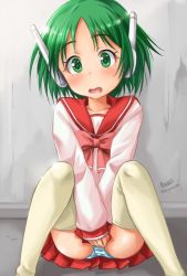 Rule 34 | 1girl, android, artist name, blouse, blue panties, blush, bow, covering crotch, covering privates, green eyes, green hair, haruhata mutsuki, long sleeves, looking at viewer, miniskirt, multi (to heart), open mouth, panties, pantyshot, pink shirt, pleated skirt, red bow, red skirt, robot ears, school uniform, serafuku, shirt, short hair, signature, sitting, skirt, skirt tug, solo, striped clothes, striped panties, thighhighs, to heart, to heart (series), twitter username, underwear, wavy mouth, white thighhighs