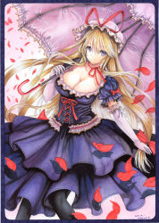 Rule 34 | 1girl, artist name, black pantyhose, blonde hair, border, bow, breasts, choker, cleavage, collarbone, corset, dated, dress, elbow gloves, female focus, gloves, hair bow, hat, hat ribbon, holding, holding umbrella, large breasts, layered dress, long hair, looking at viewer, mob cap, mosho, pantyhose, petals, puffy short sleeves, puffy sleeves, purple border, purple dress, purple eyes, ribbon, ribbon-trimmed clothes, ribbon choker, ribbon trim, short sleeves, sidelocks, smile, solo, touhou, traditional media, umbrella, very long hair, white gloves, wind, yakumo yukari
