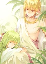 Rule 34 | 2boys, armlet, blonde hair, bracelet, earrings, enkidu (fate), fate/stay night, fate/strange fake, fate/zero, fate (series), gilgamesh (fate), green eyes, green hair, huoshansama, jewelry, long hair, male focus, multiple boys, necklace, official alternate costume, palm tree, red eyes, robe, short hair, toga, trap, tree