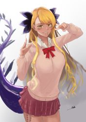 Rule 34 | 1girl, alternate costume, blonde hair, bow, commentary request, dragon girl, dragon horns, dragon tail, facial mark, fate/grand order, fate (series), grin, gyaru, highres, horns, kasumi saika, lip piercing, long hair, long sleeves, looking at viewer, piercing, pink skirt, pink sweater, pleated skirt, red bow, red neckwear, school uniform, shirt, sidelocks, signature, skirt, smile, solo, sweater, tail, v, very long hair, vritra (fate), white shirt, yellow eyes