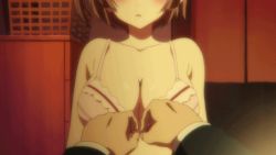 Rule 34 | 10s, 1boy, 1girl, animated, animated gif, bare shoulders, blush, bouncing breasts, bra, breasts, brown hair, cleavage, da capo, da capo iii, closed eyes, front-hook bra, hetero, hinomoto aoi, large breasts, male hands, out-of-frame censoring, pov, pov hands, screencap, short hair, solo focus, underwear, undressing, open bra