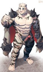 Rule 34 | 1boy, 8da (29204249), abs, animal ears, arknights, bara, bare pectorals, bulge, erection, full body, furry, furry male, highres, jacket, jacket on shoulders, large pectorals, male focus, mountain (arknights), muscular, muscular male, navel, nipples, nude, pectorals, penis, scar, scar across eye, scar on chest, scar on face, scar on leg, short hair, solo, stomach, tiger boy, tiger ears, uncensored, white fur, white hair