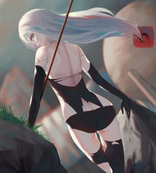 Rule 34 | 1girl, black gloves, black panties, black thighhighs, blue eyes, blurry, blurry background, closed mouth, dutch angle, elbow gloves, floating hair, from behind, gloves, hair between eyes, holding, long hair, looking at viewer, nekobell, nier:automata, nier (series), outdoors, panties, profile, shoulder blades, silver hair, solo, standing, thighhighs, torn clothes, torn thighhighs, underwear, very long hair, a2 (nier:automata)