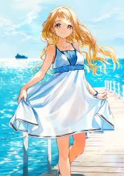 Rule 34 | 1girl, adjusting clothes, blonde hair, blue sky, blush, closed mouth, cloud, collarbone, dock, dress, highres, holding, long hair, looking at viewer, ocean, original, outdoors, ship, sky, sleeveless, sleeveless dress, smile, solo, standing, tiv, watercraft, white dress, yellow eyes
