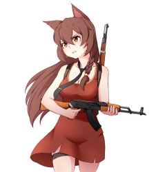 Rule 34 | 1girl, 2ch.ru, ak-47, akm, animal ears, assault rifle, backpack, bag, bandages, bare shoulders, bolt action, braid, breasts, brown eyes, brown hair, cat ears, cat tail, cleavage, deredereday, dress, everlasting summer, gun, holding, holding gun, holding weapon, kalashnikov rifle, long hair, medium breasts, mosin-nagant, open mouth, playerunknown&#039;s battlegrounds, ribbon, rifle, simple background, solo, standing, tail, torn clothes, torn dress, uvao-tan, weapon, white background